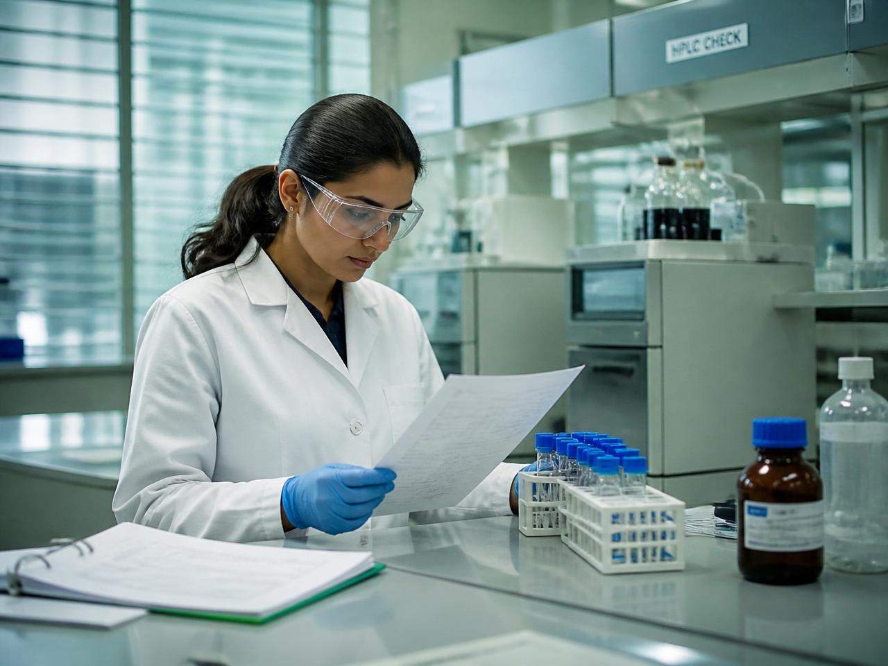 Analyst reviewing documents in a pharmaceutical quality control laboratory